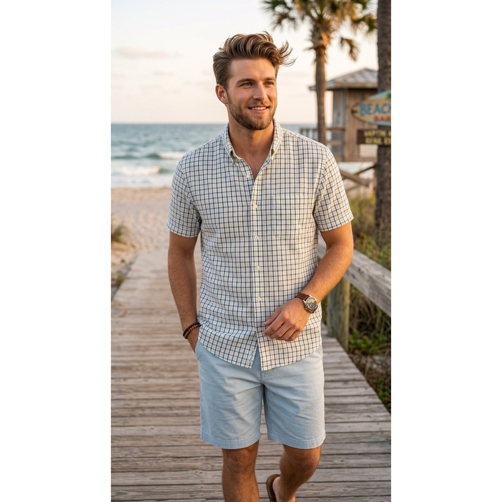 Jos A Bank 1905 Tailored Fit Shirt 2XLT Blue Yellow Seersucker Short Sleeve Tall